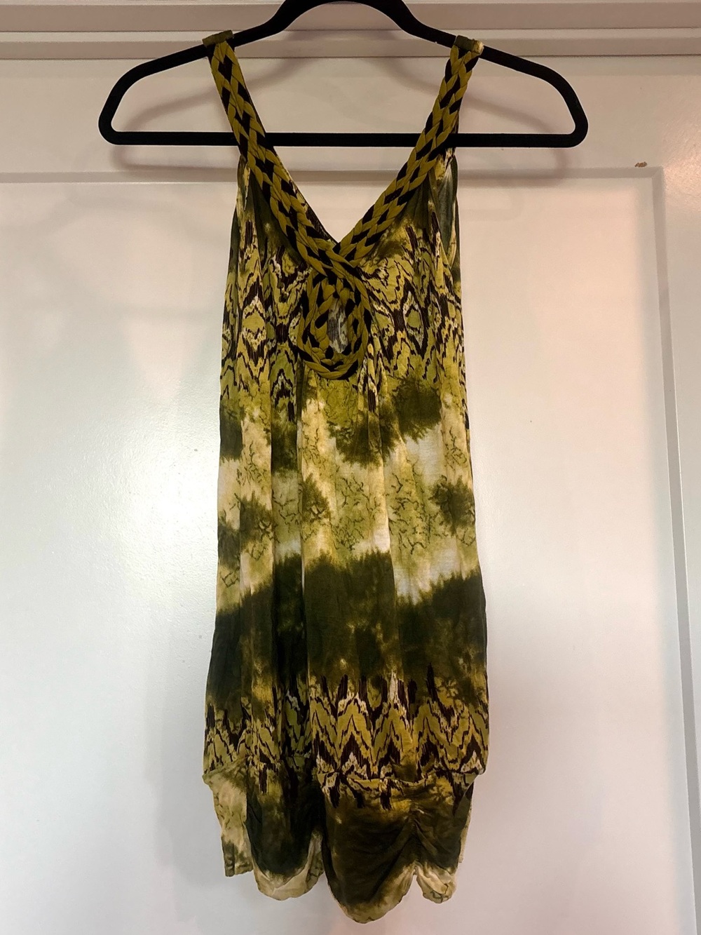 V.1 Couture Green Tie Dye Boho Braided Neck Keyhole Sleeveless Tunic Tank Top- L